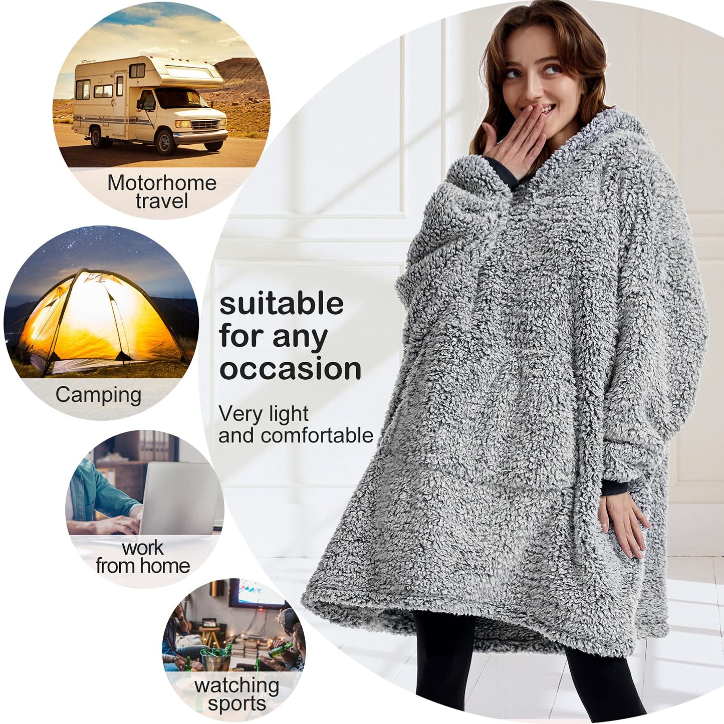 HORIMOTE HOME Oversized Teddy Fleece Hoodie Blanket for Women Cuddly Sherpa Wearable Snuggle Blanket Hoody for Adults Kids Men Teenager, Super Warm and Soft,Dark Navy