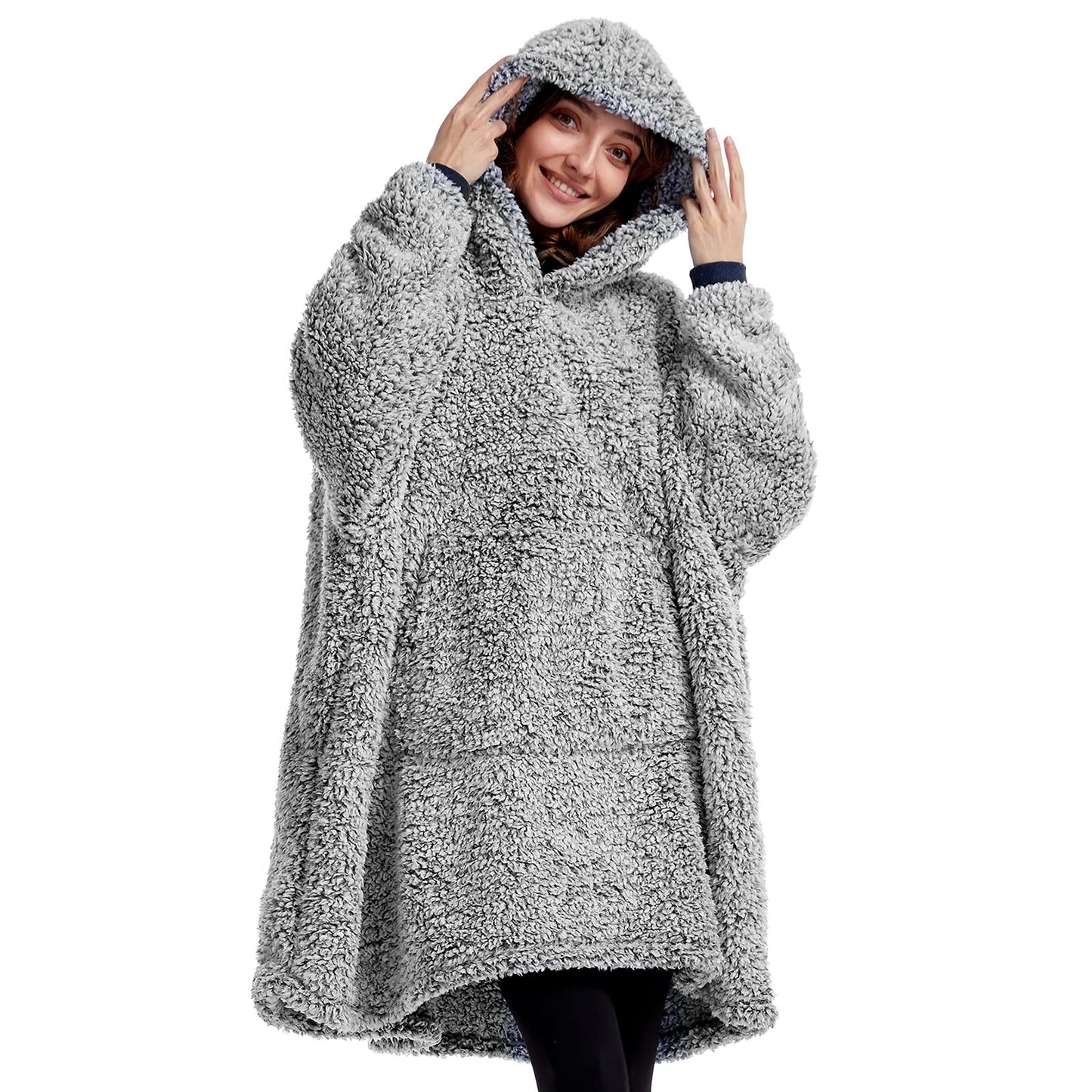 HORIMOTE HOME Oversized Teddy Fleece Hoodie Blanket for Women Cuddly Sherpa Wearable Snuggle Blanket Hoody for Adults Kids Men Teenager, Super Warm and Soft,Dark Navy