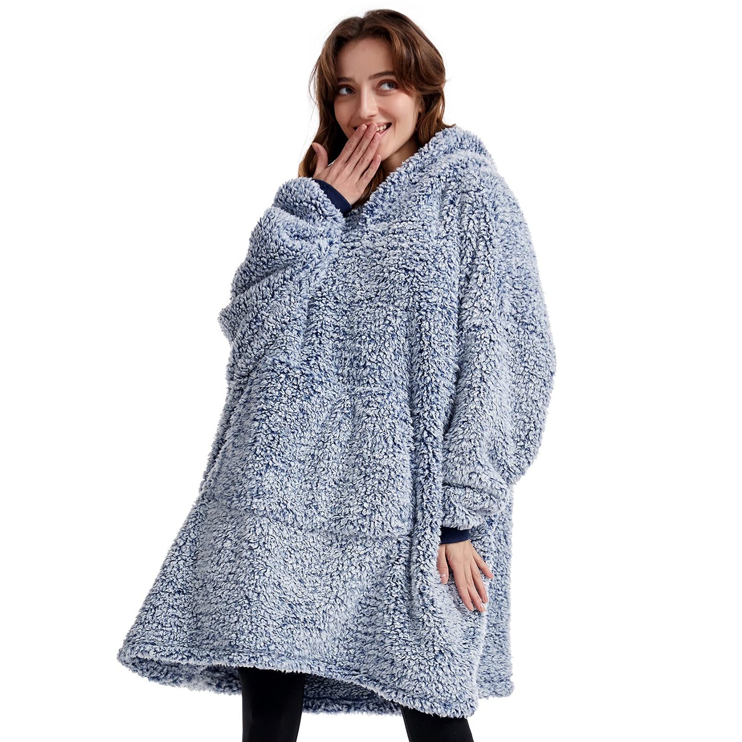 HORIMOTE HOME Oversized Teddy Fleece Hoodie Blanket for Women Cuddly Sherpa Wearable Snuggle Blanket Hoody for Adults Kids Men Teenager, Super Warm and Soft,Dark Navy